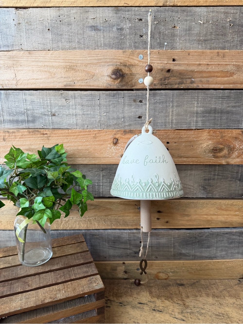 Gift Craft Pale Green & White Ceramic 'Have Faith' Bell Wind Chime